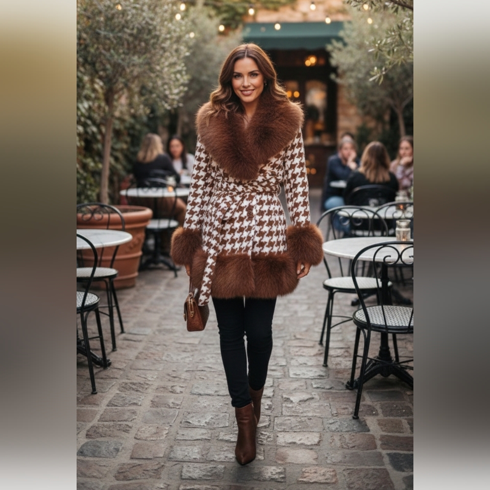 Brown Houndstooth Faux Fur Trim Coat